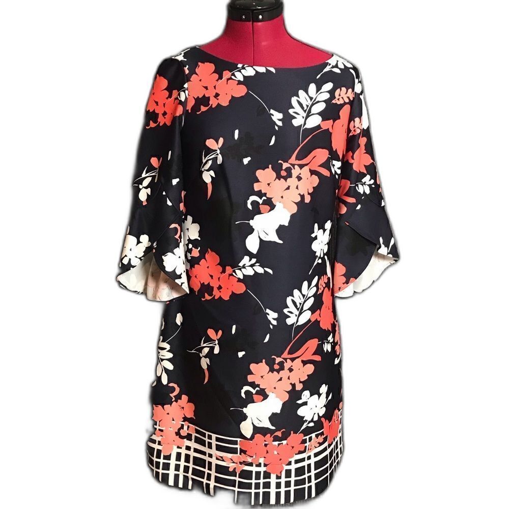 Vince Camuto Dress Women’s Size 6 Navy & Coral Floral 3/4 Tulip Sleeves